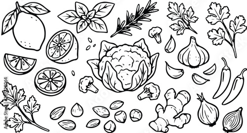Hand drawn doodle set of fresh vegetables fruits herbs and spices for healthy cooking in black and white line art style for coloring page design