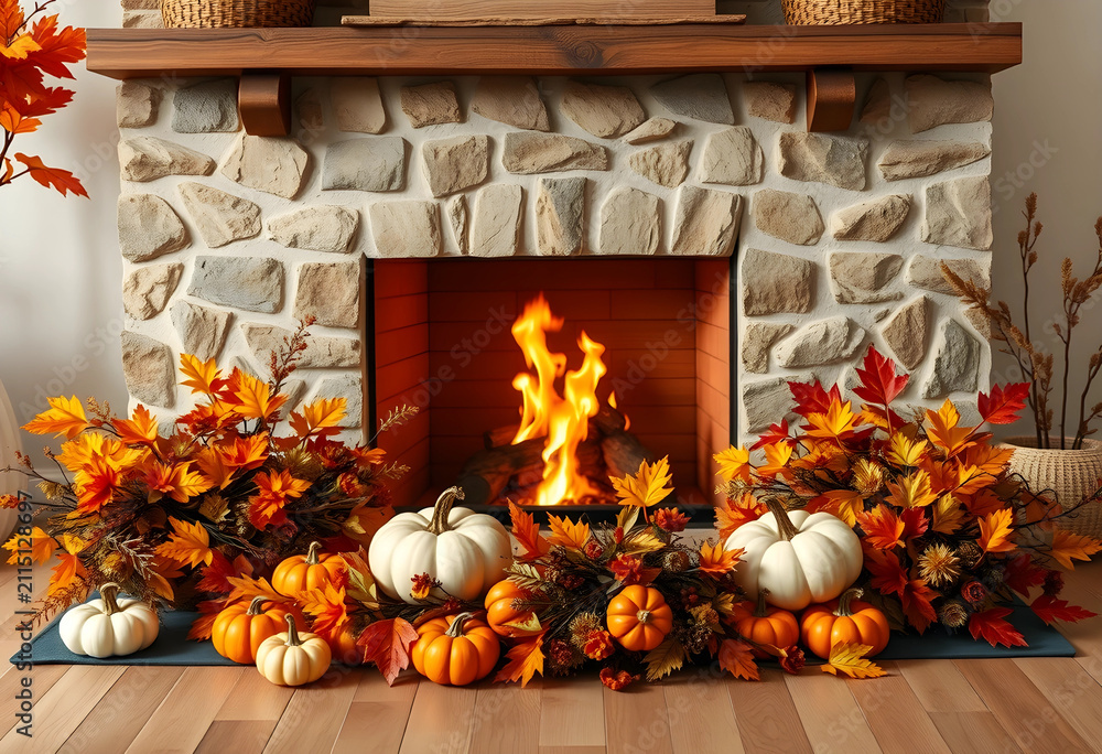 Fototapeta premium Autumn fireplace with burning logs, stone mantel, and fall decorations including pumpkins and colorful leaves