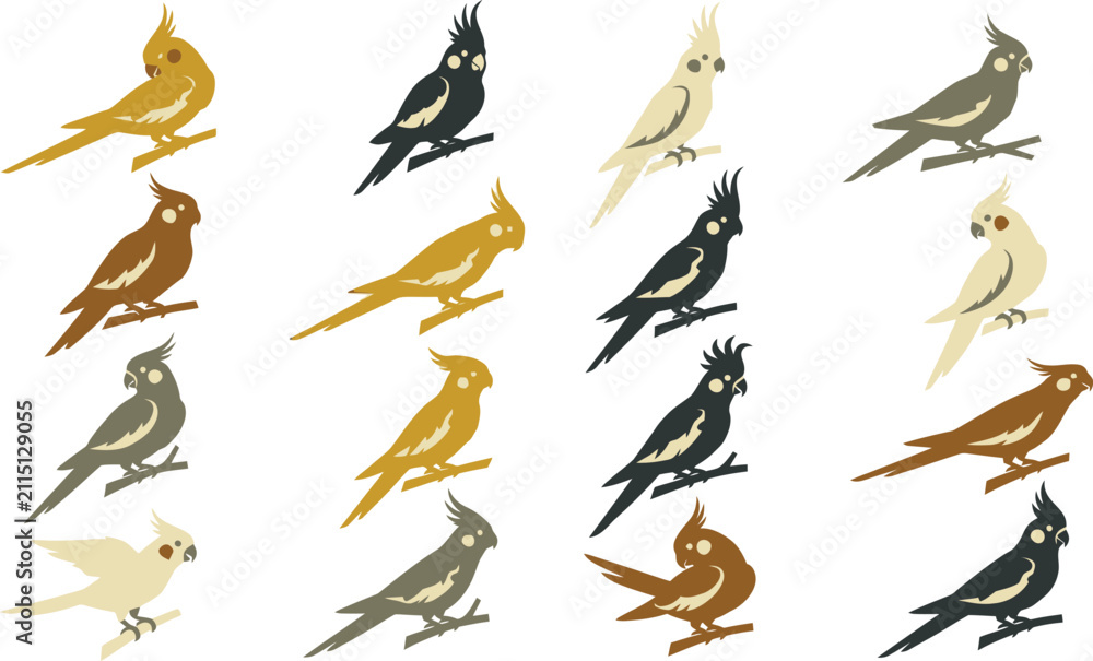 Obraz premium Set of flat vector illustrations featuring colorful cockatiel parrots in various poses and artistic color palettes.