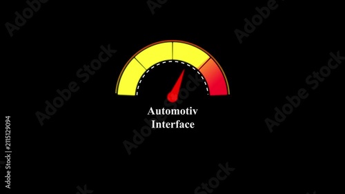Automotive interface gauge with yellow and red color zones and a red indicator needle on a solid black background for vehicle systems