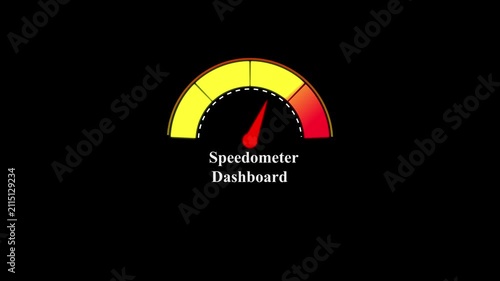 Speedometer dashboard with a red indicator needle over a yellow and red gradient arc scale isolated on a plain solid black background