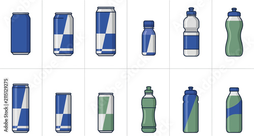 Set of flat vector illustrations featuring various energy drink cans and sports water bottles for hydration needs