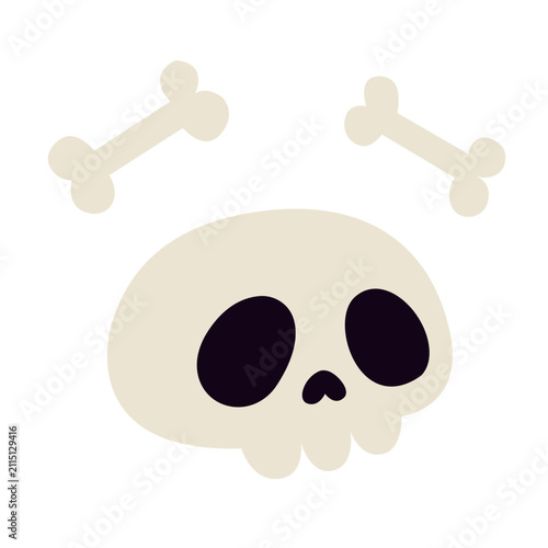 Cute Halloween skull and crossbones vector illustration. Cartoon funny white skeleton head character with bones isolated on white background. Hand drawn jolly roger pirate icon element, stickers