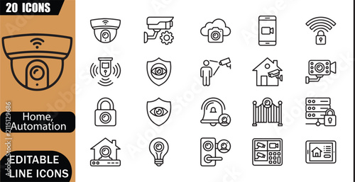 Smart camera icons set, 20 editable line art icons set, surveillance, monitoring, motion detection, wifi security, protection, connected technology, home security theme style, clean outline vector