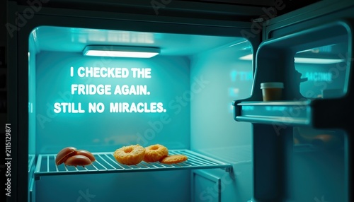 Open Refrigerator Interior with Food Items and Humorous Message Display
