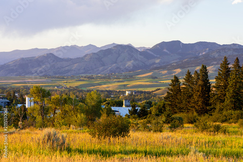 Scenic view of the city and the mountains from Peets Hill in the Burke Park in Bozeman, Montana