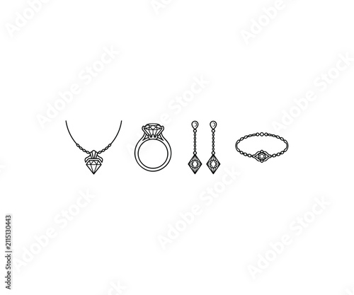Elegant jewelry set necklace earrings ring line art vector icon