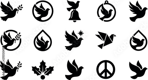 Bild auf Leinwand Collection of Peace Dove Icons and Symbols, Black Silhouette Birds with Olive Br