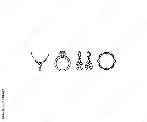 Jewelry collection set necklace ring earrings line art vector icon