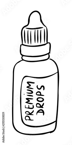 Illustration of a dropper bottle labeled as Premium Drops, featuring a simple design with a pointed cap and a rounded body, suitable for various liquid products