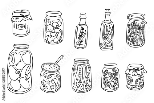 Collection of hand-drawn jars filled with various preserved foods including jam, olives, pickles, and herbs arranged in a neat row on a white background