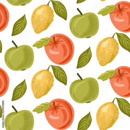 Colorful seamless pattern featuring various fruits including apples, lemons, and tomatoes with green leaves on a white background for textile or wallpaper design