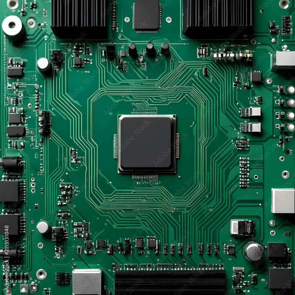 Fototapeta premium Green circuit board with central processor unit and various electronic components, technology and computing concept, this intricate hardware forms the backbone of digital systems