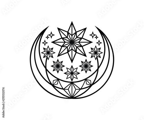 Celestial crescent moon with stars and sun vector illustration boho logo
