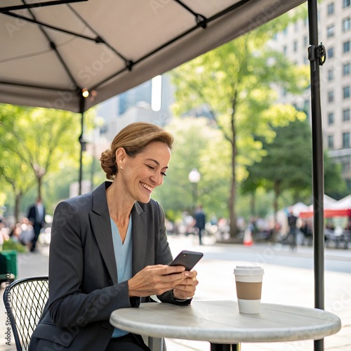 Smiling businesswoman using smartphone at cafe table with coffee during sunny day outdoor