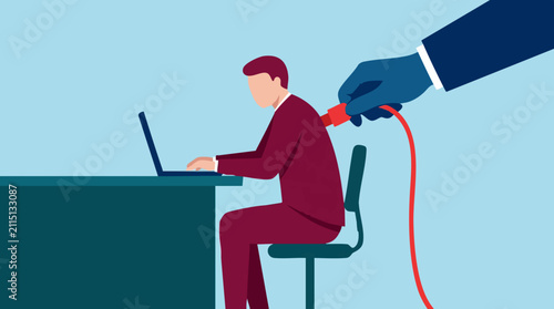 Принти на полотні Worker being powered by a large hand, metaphor for corporate control