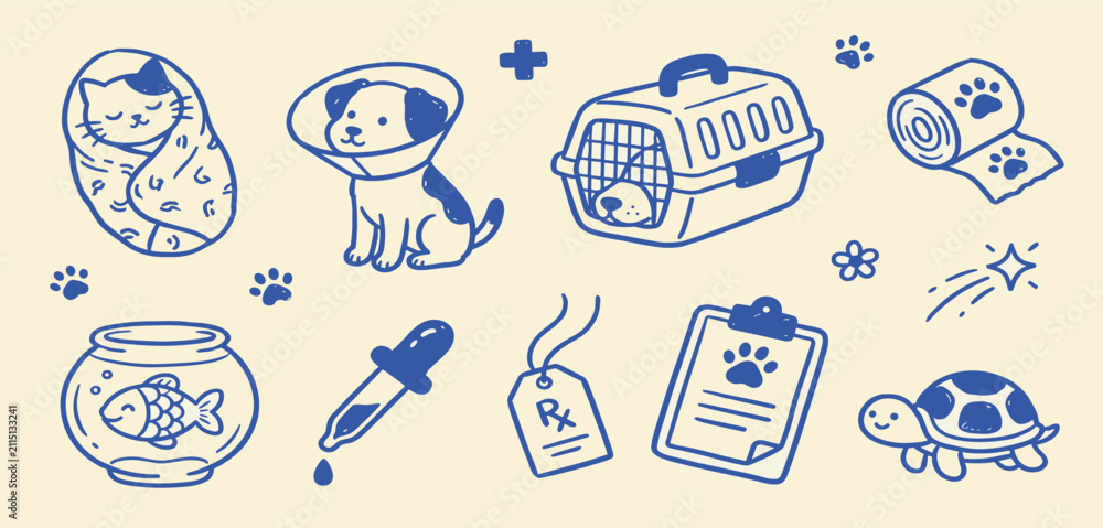 Fototapeta premium Veterinary Pet Care Doodle Set Hand Drawn Vector Illustration