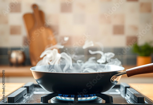 Steaming frying pan on a ga...