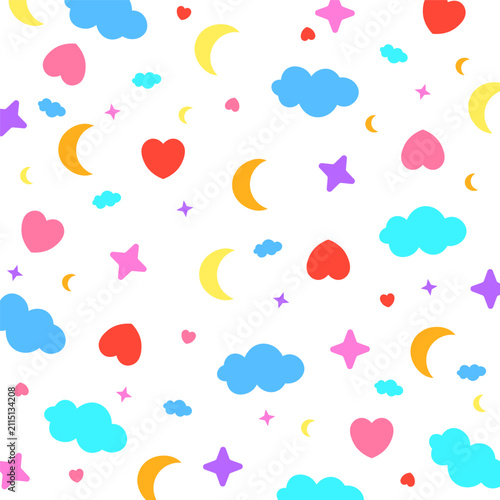 Cute cartoon pattern with hearts, moons, clouds and stars, vector illustration.