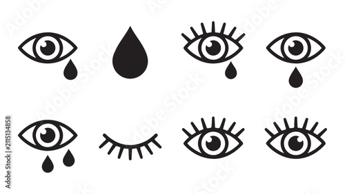 Картината върху платно Set of Crying Eye Icons with Tear Drops - Vector Illustration of Sadness and Emo