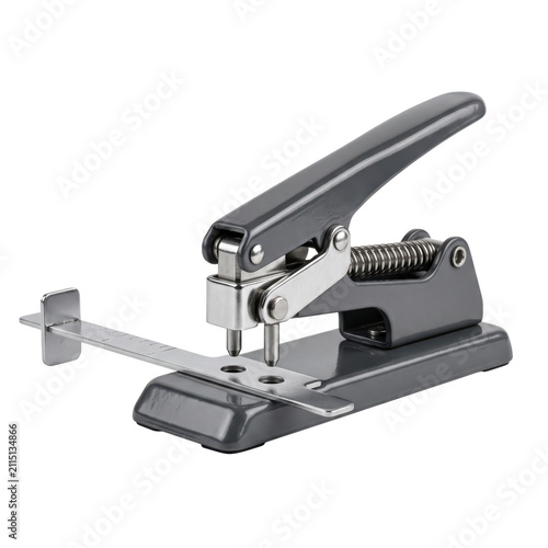 Industrial gray two hole metal paper puncher with puncher adjustable on transparent background