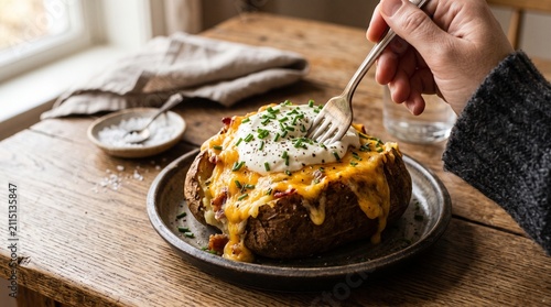 Baked potato loaded with melted cheddar cheese, sour cream, and fresh chives being eaten with a fork