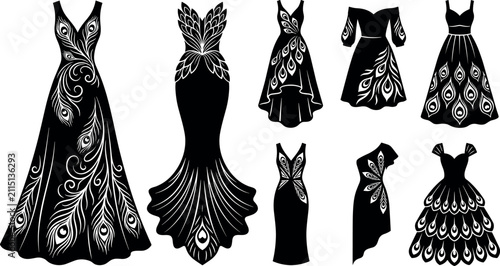 Foto Women dress silhouettes set with peacock feather pattern vector illustration iso