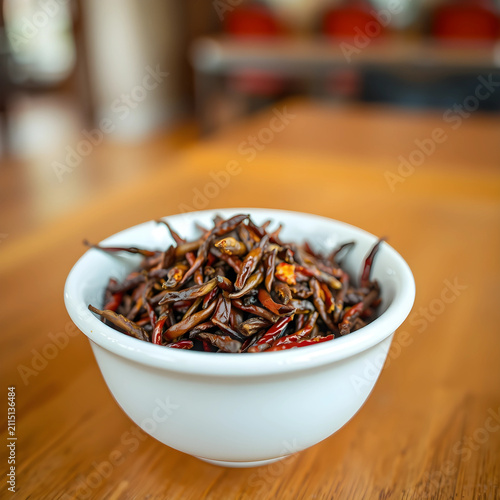 Small white bowl filled wit...