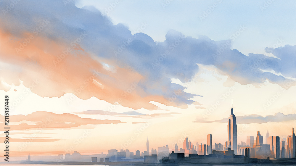 Obraz premium 広い空と立体的な雲を描いた水彩風の都市風景
