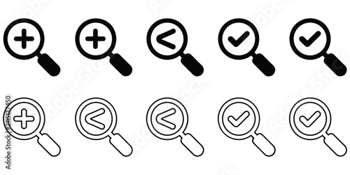 Bild auf Leinwand Magnifying glass icon collection with zoom plus minus and check marks set for se