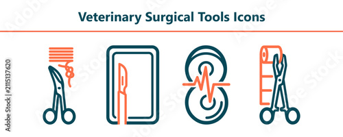 Fotografie Veterinary surgical tools icons pack displaying surgical scissors, scalpel blade