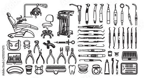 Obraz na plátně Dental equipment and professional dentist tools vector icons set, stomatology cl
