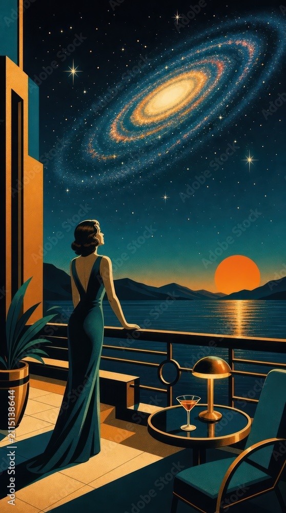 Obraz premium Art Deco mobile wallpaper of a woman gazing at a galaxy over the ocean.