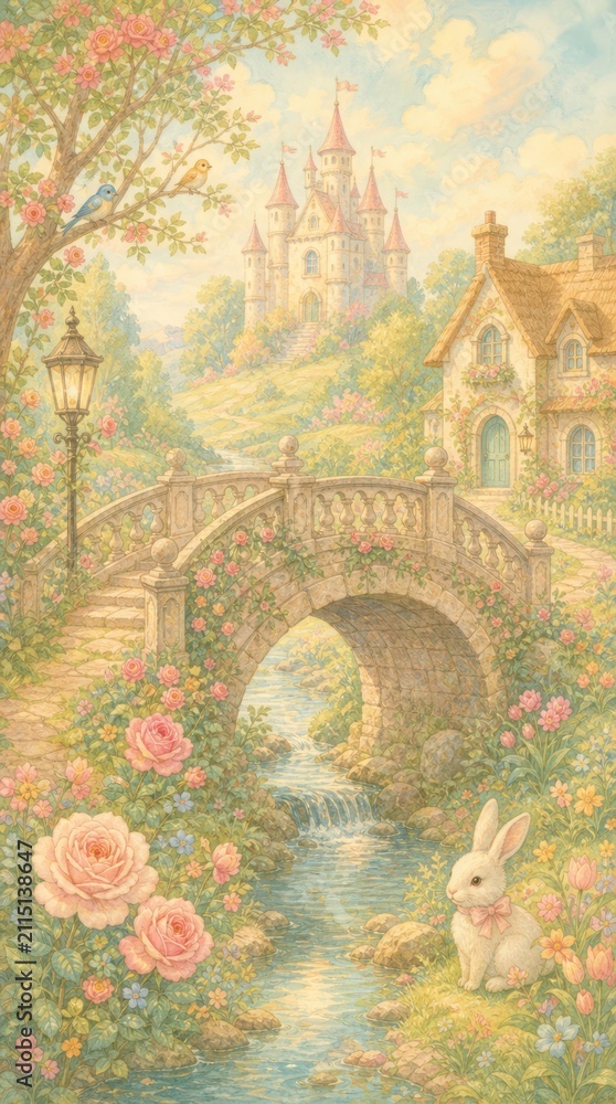 Fototapeta premium Whimsical pastel fantasy garden castle mobile wallpaper