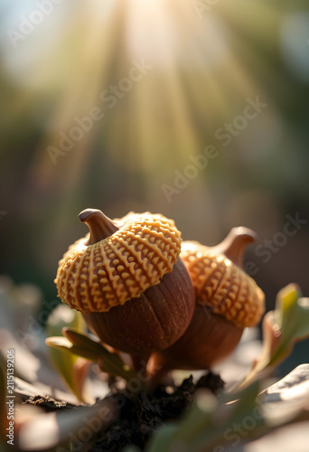 Two acorns with textured ca...