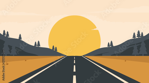 Minimalist landscape illustration of a scenic highway with mountains and sun