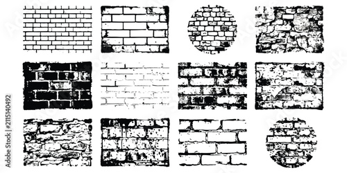 Fotografie Set of black and white brick wall textures and stone patterns in various graphic