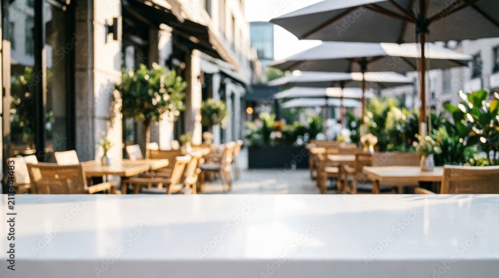 Fototapeta premium Outdoor Cafe Terrace with Wooden Tables and Umbrellas for Lifestyle Photography