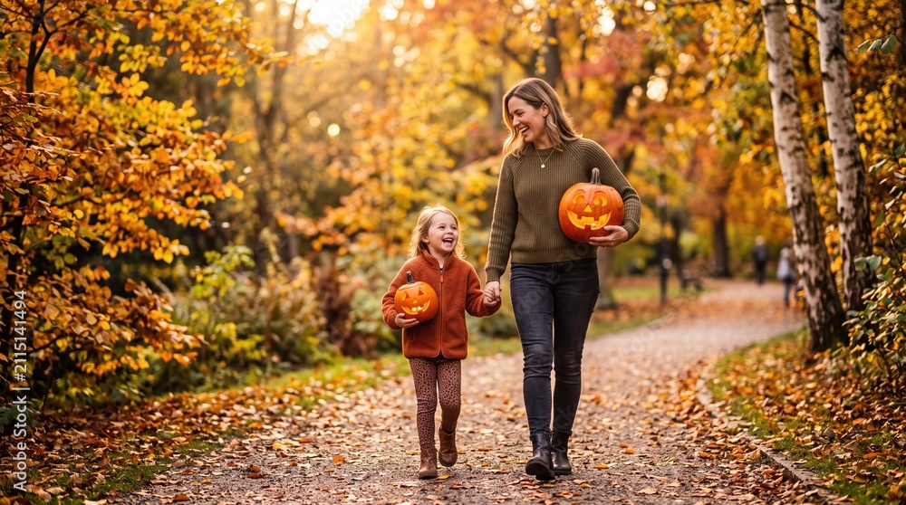 Fototapeta premium Parent and Child Walking with Halloween Pumpkins through a forest