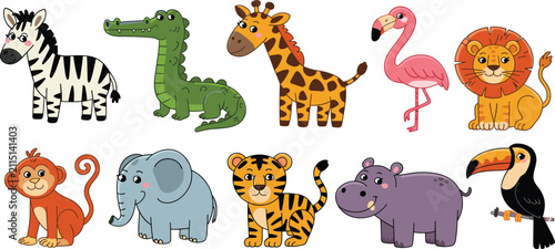 Photography WebvCartoon wild animals, zebra, crocodile, giraffe, flamingo, lion, monkey, ele