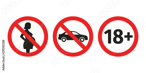 A professional vector icon set featuring various prohibition signs including no entry for pregnant women cars and adults