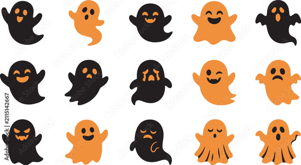Obraz premium A collection of cute spooky ghosts in a halloween vector illustration set featuring black and orange cartoon characters