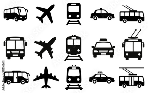 Set of black transport icons featuring bus plane train taxi and trolleybus