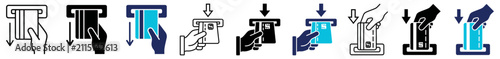 Set of credit card payment icons showing hand inserting card into atm machine slot