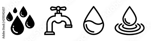 Black and white water icons with drops and a faucet tap sign set