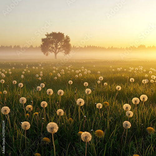 Solitary Tree Silhouette in a Misty Field with Golden Sunrise or Sunset Glow and Fluffy Dandelion Seed Heads Creating a Serene Ethereal Landscape. Copy Space.