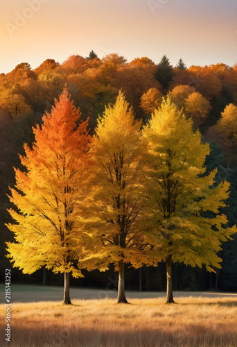 Three autumn trees with gol...