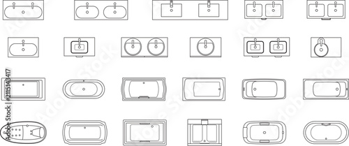 Принти на полотні Bathroom vanity and bathtub collection, blueprint, line art, top view, floor pla