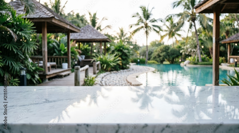 Fototapeta premium Luxury Resort Pool with Marble Counter and Tropical Garden for Web Design