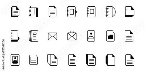 Foto Minimalist document and notebook icons collection for digital interfaces and office management layouts featuring various paper formats folders and stationary elements for design